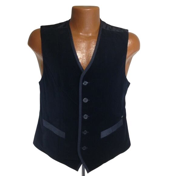 Vintage 90s Guess Vest Mens Medium Black Crushed Velvet 5 button Graphic Back - Picture 10 of 10